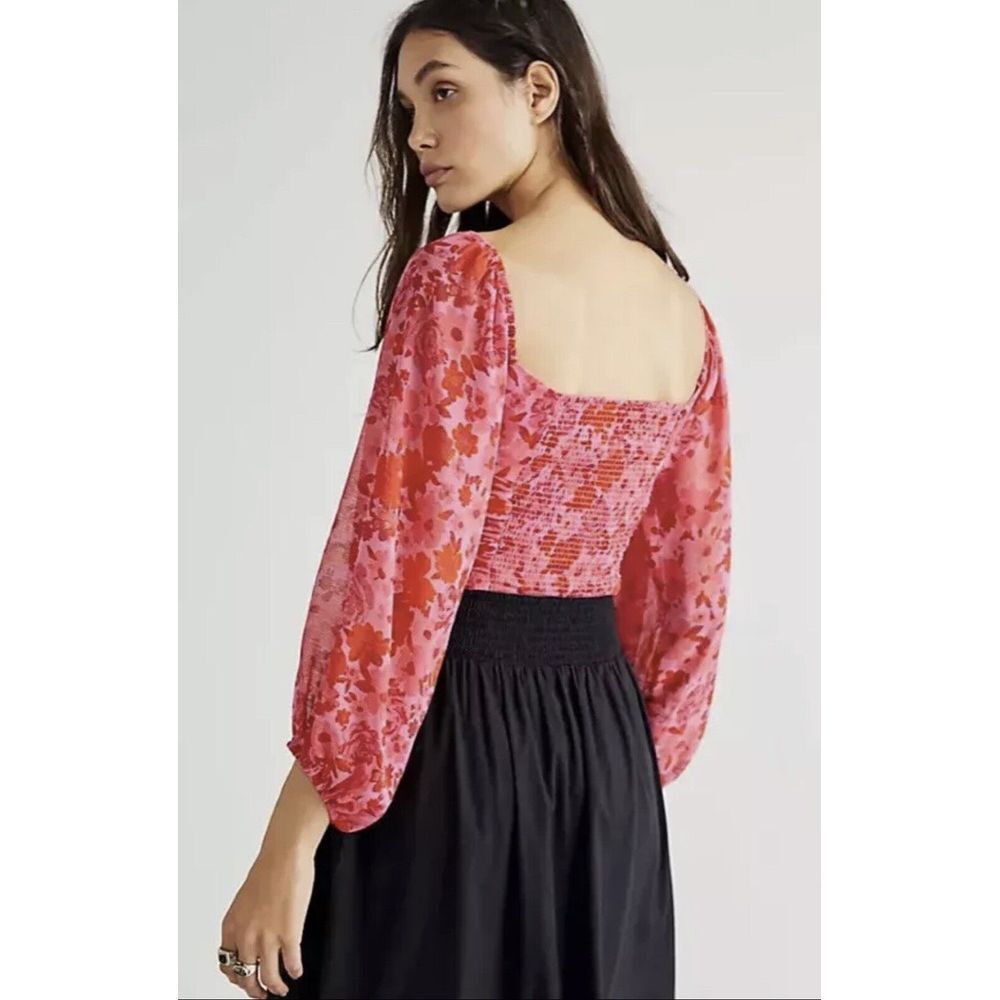 Free People Oh Lala Top Size XS Pink & Red Rose Ruched Shirred NWOT $108 - Picture 3 of 10
